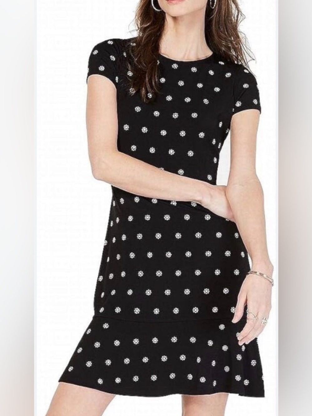 Michael Kors, black with flowers Short Sleeve Fit & Flare Dress. Size large.